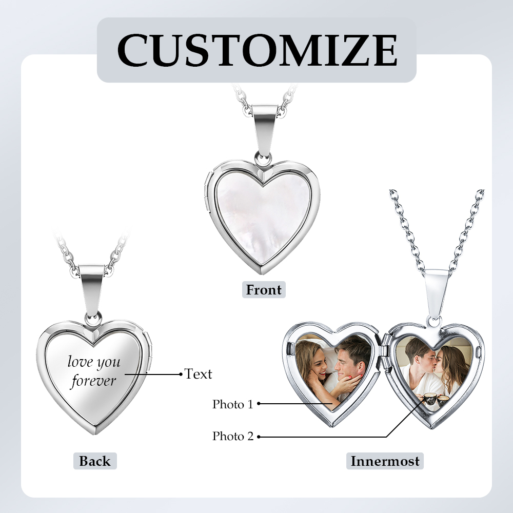 Personalized Heart Shaped Locket Necklace for Women Custom with 2 Photos and 1 Text
