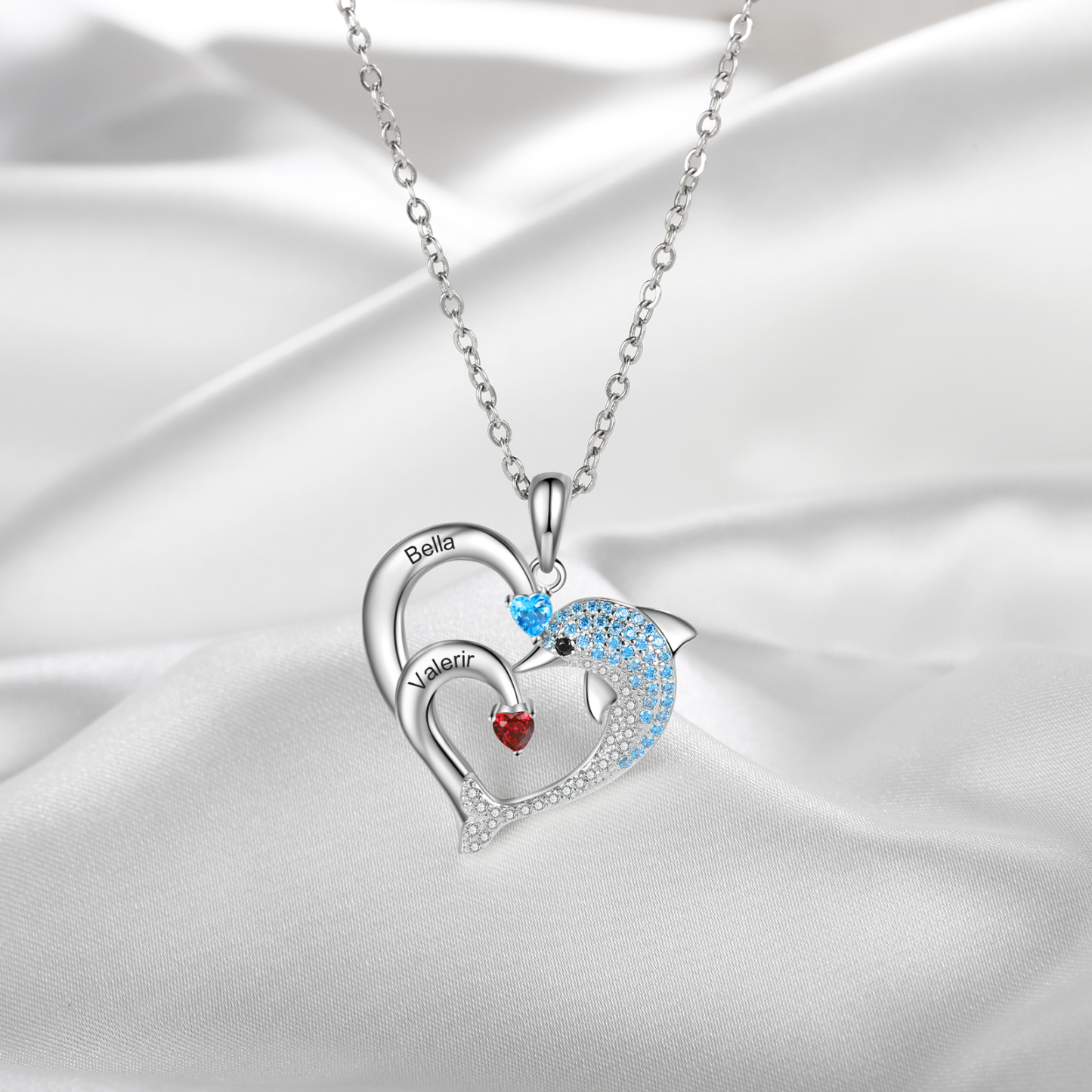 Personalized Heart Dolphin Necklace Custom 2 Birthstones Necklace for Her