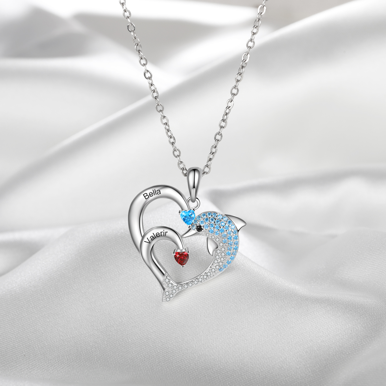 Personalized Heart Dolphin Necklace Custom 2 Birthstones Necklace for Her