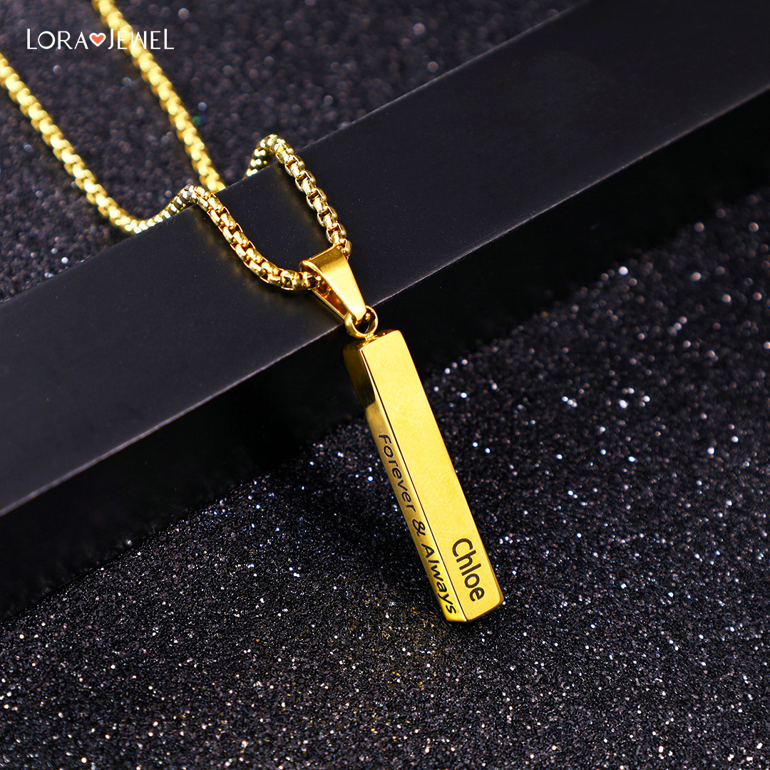 Men Vertical Bar Necklace Engraved 4 Side Personalized 3D Bar Necklace Gold