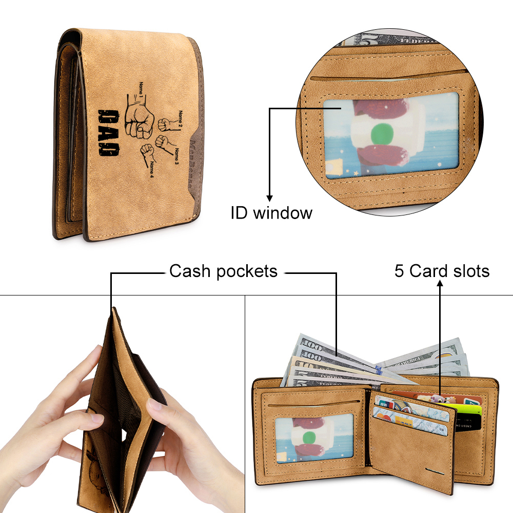 4 Names - Personalized Men Leather Wallet Custom Photo & Text & Name Folding Wallet Fist Bump Wallet Gift for Dad