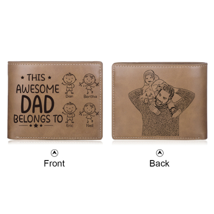 1 Photo & 4 Names Personalized Wallet Handcrafted in the USA-Custom Men's Leather Folding Wallet "This Awesome Dad Belongs To" Father's Day Gifts