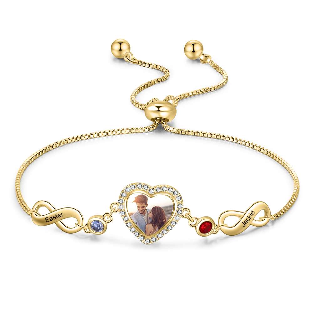 Infinity Love Heart Photo Bracelet with 2 Birthstone 2  Names Personalized Gift