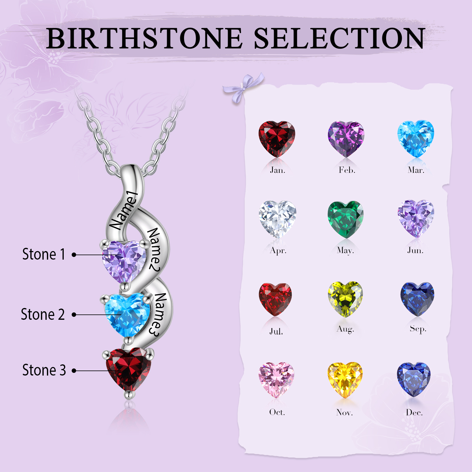 Custom Heart Birthstone Jewelry Set Necklace Bracelet for Family Personalized with 3 Names 3 Birthstones