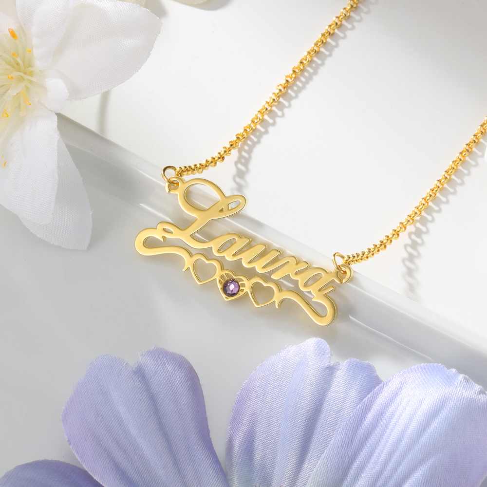 Personalized Kid's Name Necklace with Birthstone Heart Name Necklace