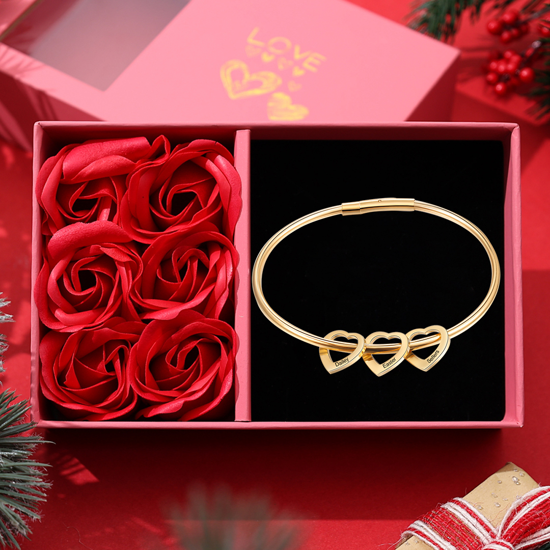 Women Bangle Bracelet with 3 Heart Pendant Engraved 3 Names Love Bracelet