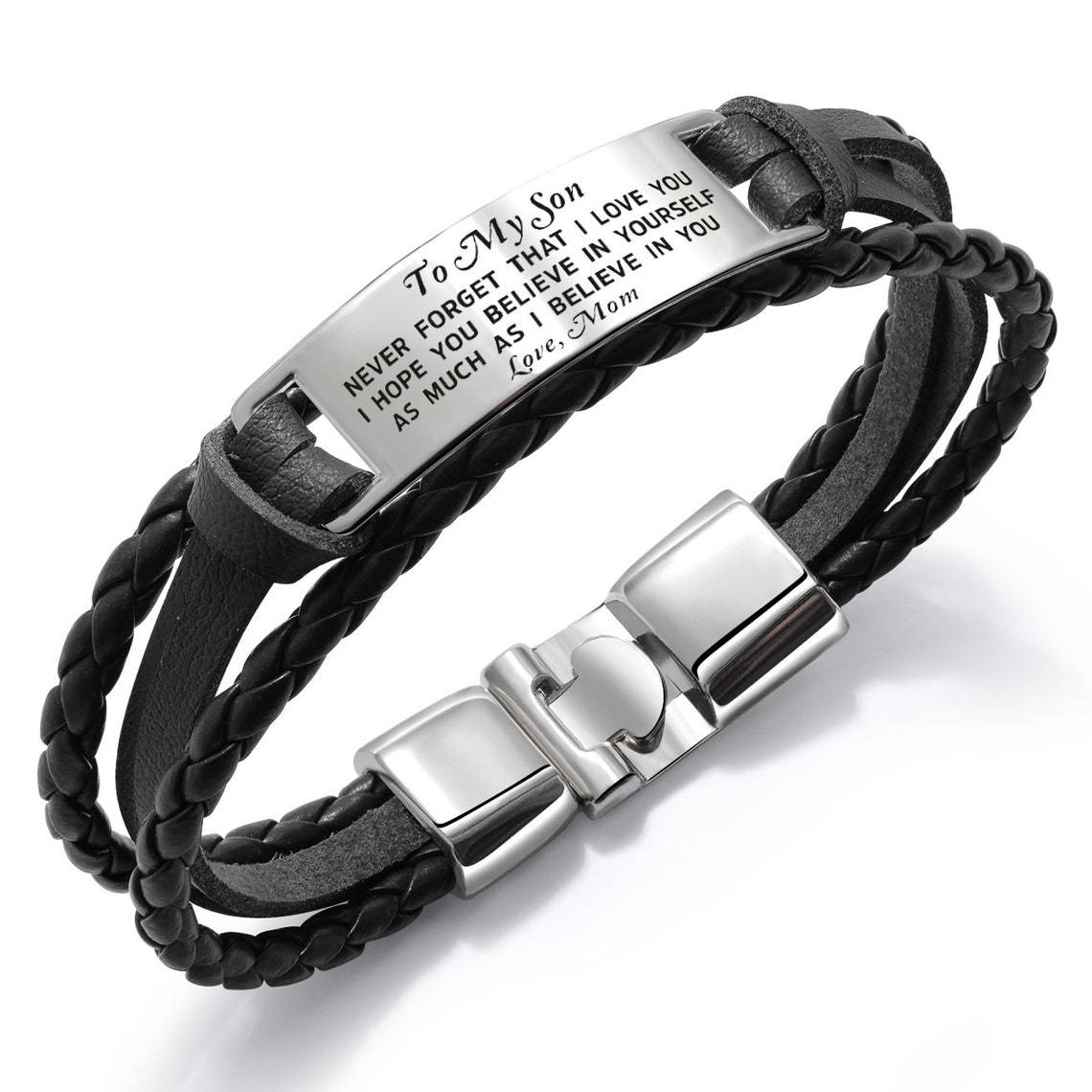 To My Son Braided Leather Bracelet "Never Forget That I Love You"