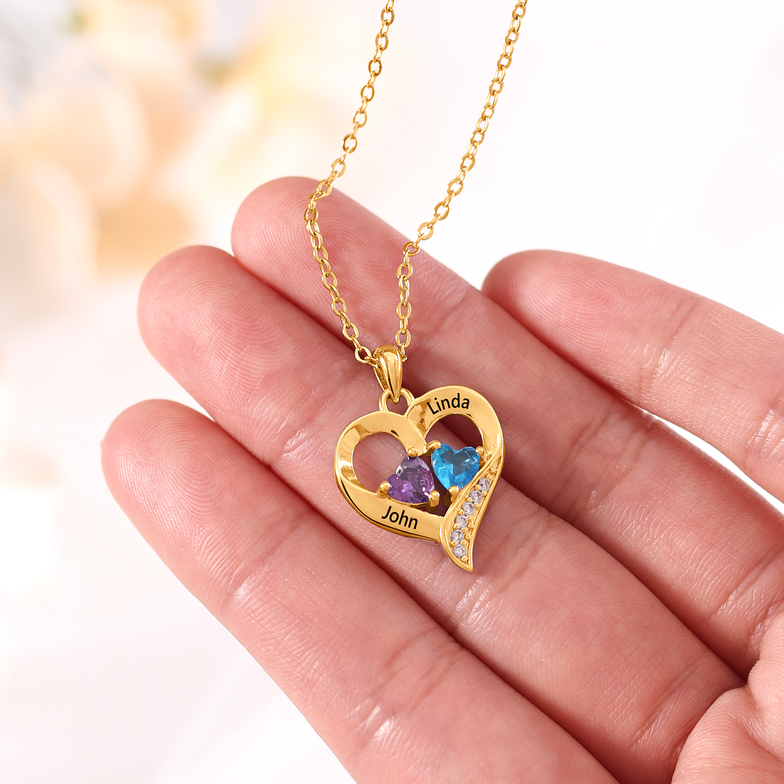 Sterling Silver Heart Necklace Love Necklace Personalized with 2 Birthstones 2 Names Valentine's Day Gift 