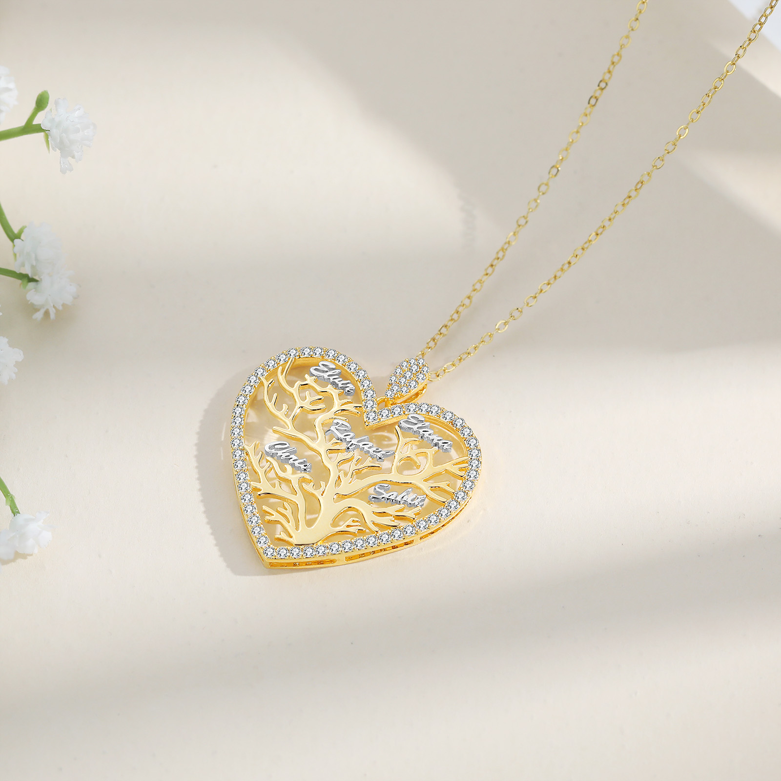 Personalized Family Tree Necklace, Custom 5 Names Heart Necklace Woman Gift For Her