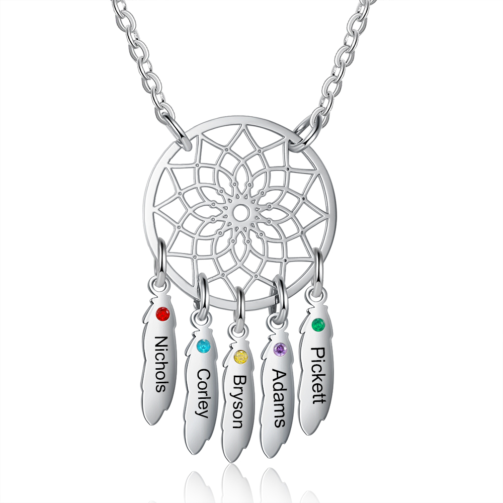 Personalized Dream Catcher Necklace with 5 Birthstones for Women