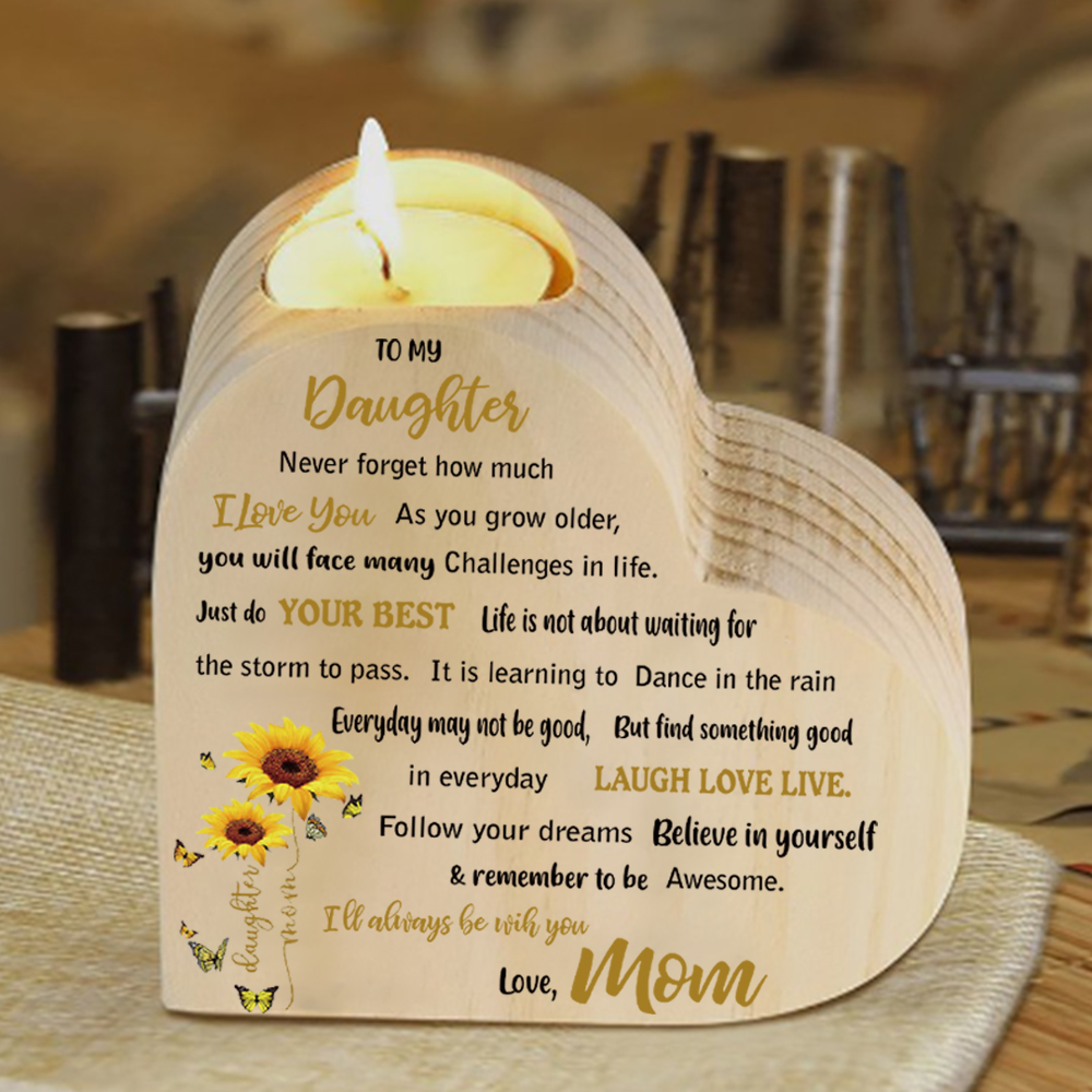 To My Daughter Wooden Heart Candle Holder Sunflowers Candlesticks "I'll always be with you"