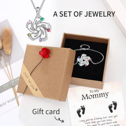 Baby Feet Necklace with 5 Birthstones Engraved 5 Names Family Necklace