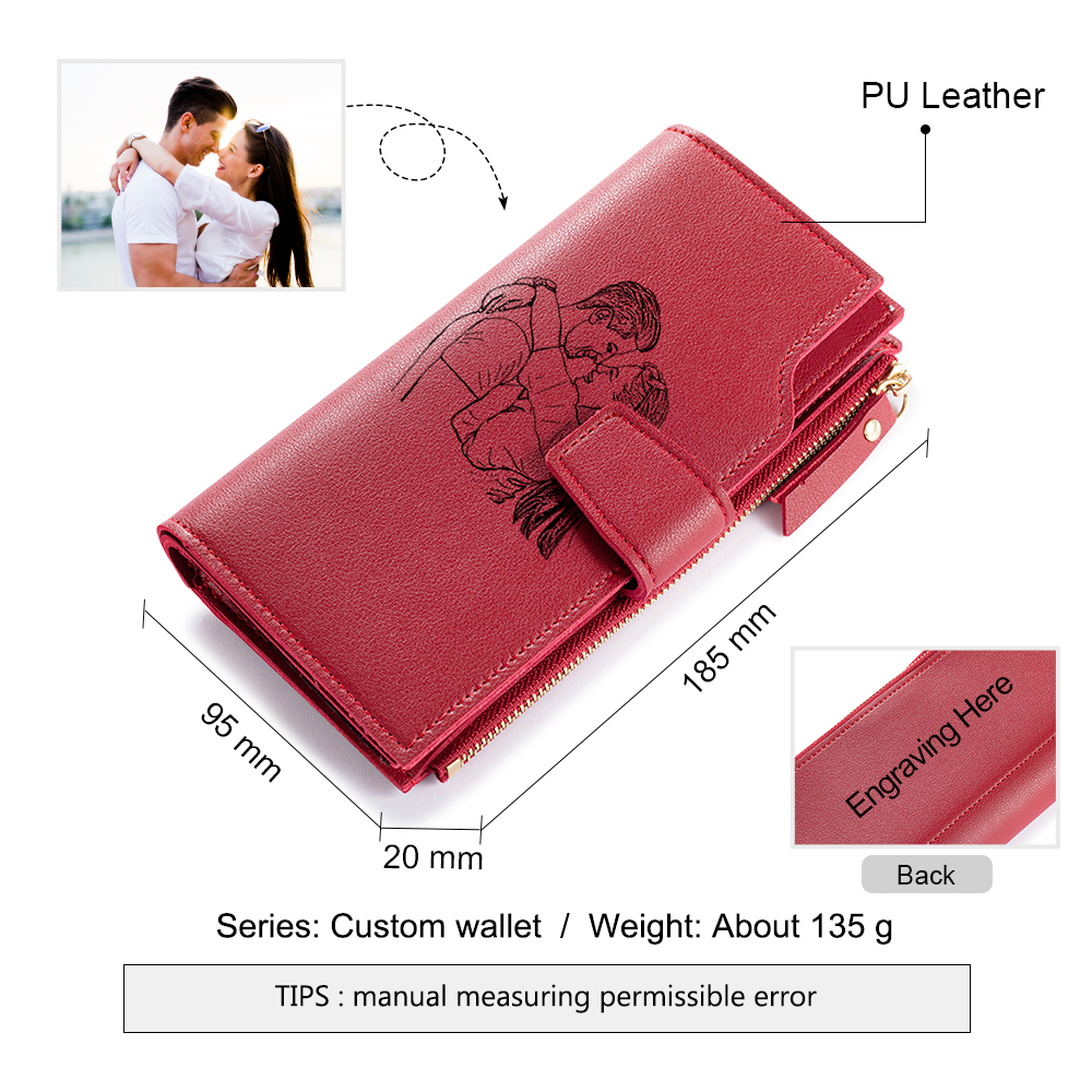 Women Long Style Photo Wallets Custom Inscription Photo Engraved Wallet Red