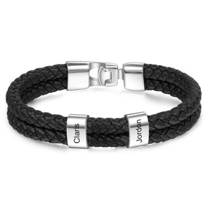 2 Names-Personalized Braided Leather Bracelet Engraved Men's Bracelet for Him