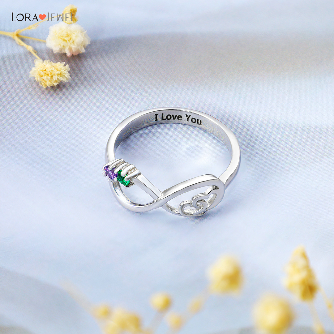 S925 Infinity Ring Double Heart Promise Ring Personalized with 2 Birthstones Engraved Sterling Silver Ring