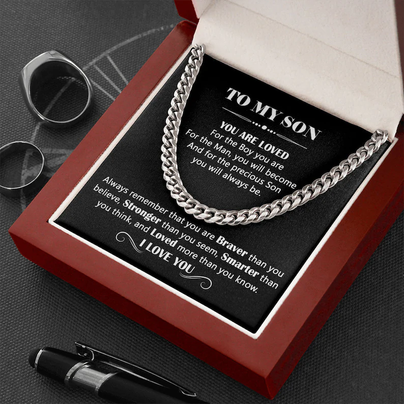 To My Son Cuban Link Chain Necklace Gift Set "Loved More Than You Know"