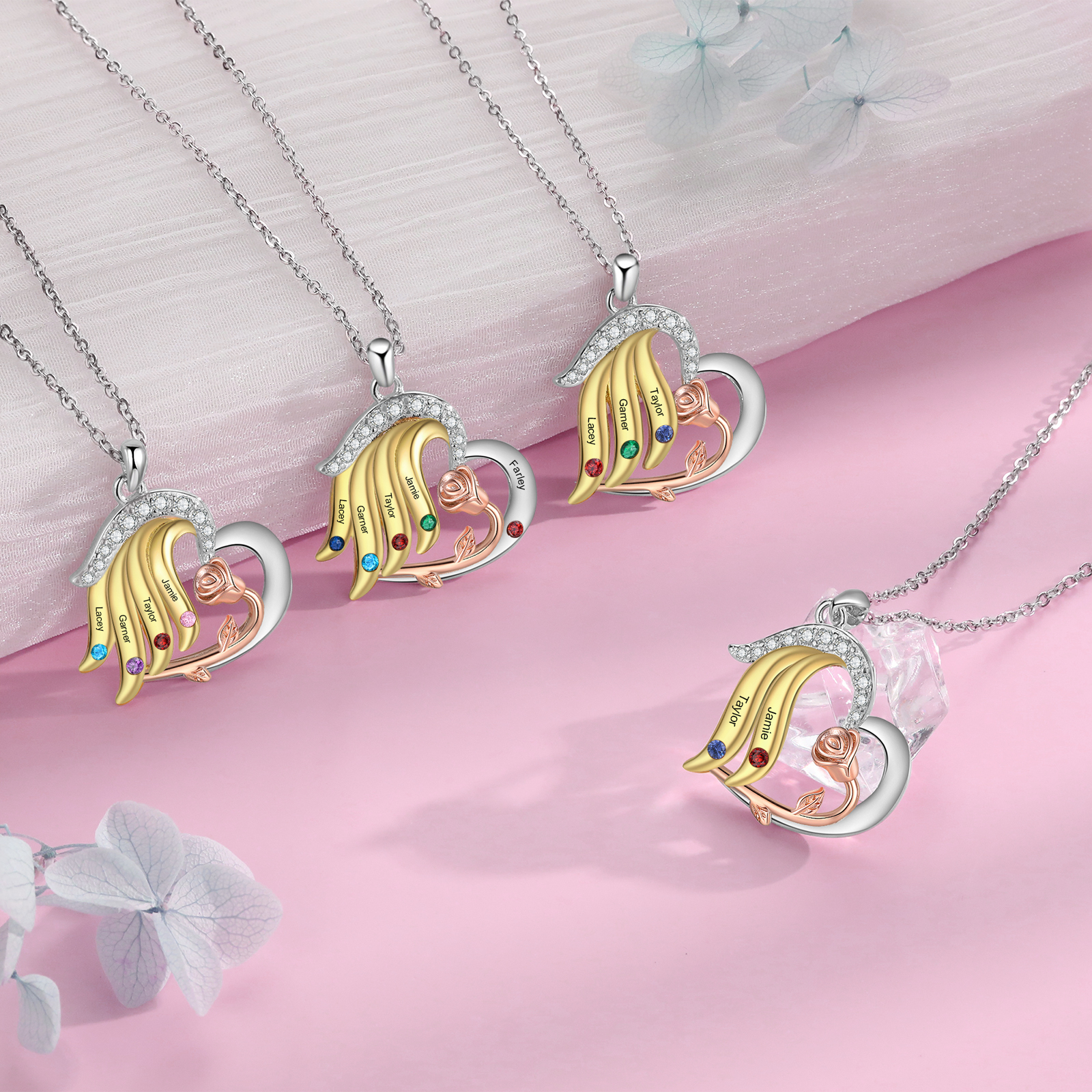 Personalised Heart Rose Pendant Necklace Custom 2-5 Birthstones & 2-5 Names Gifts for Her
