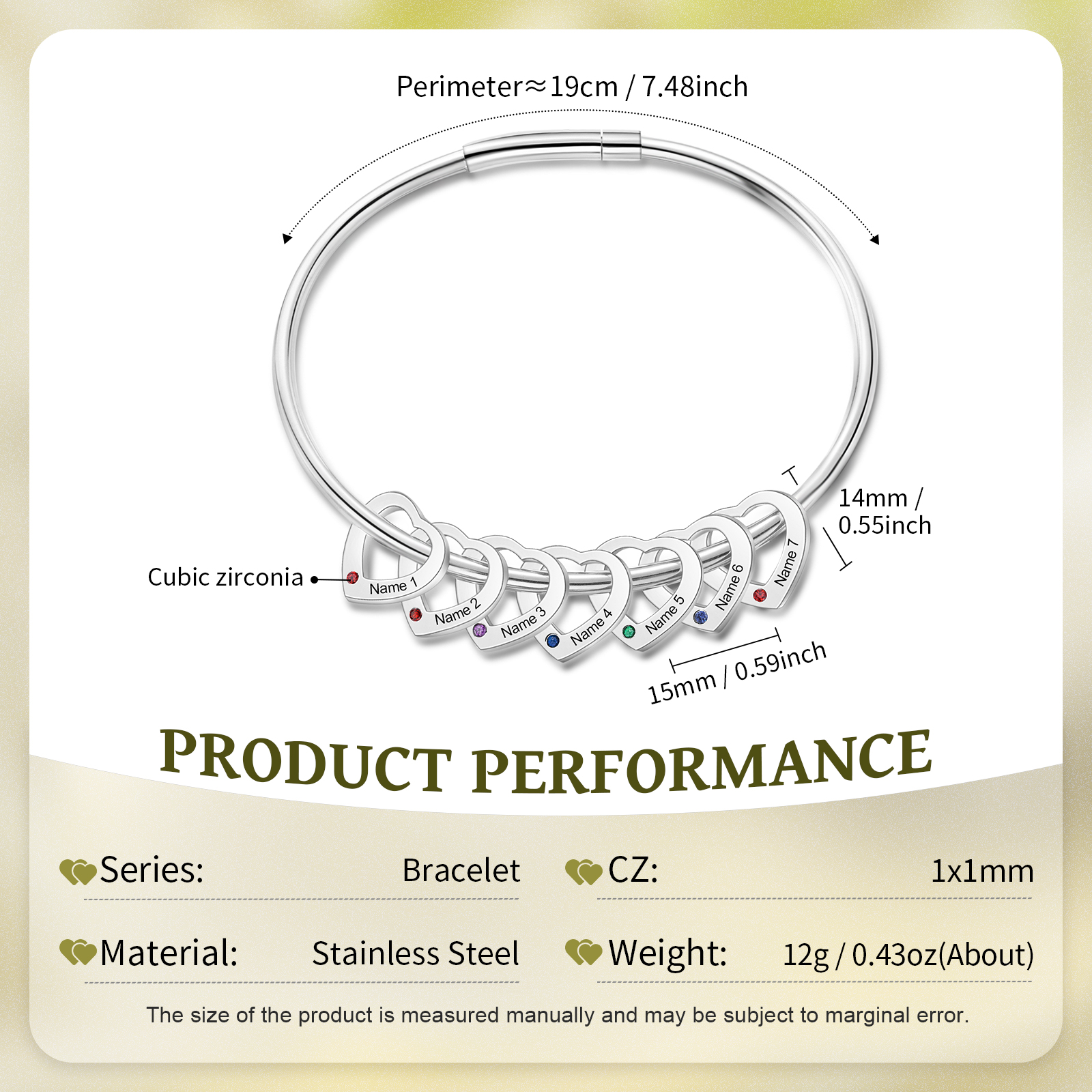 Personalized Birthstone Necklace Bracelet Set Cascading Pendant Heart Bangle Custom with 7 Birthstones 7 Names Christmas Gift