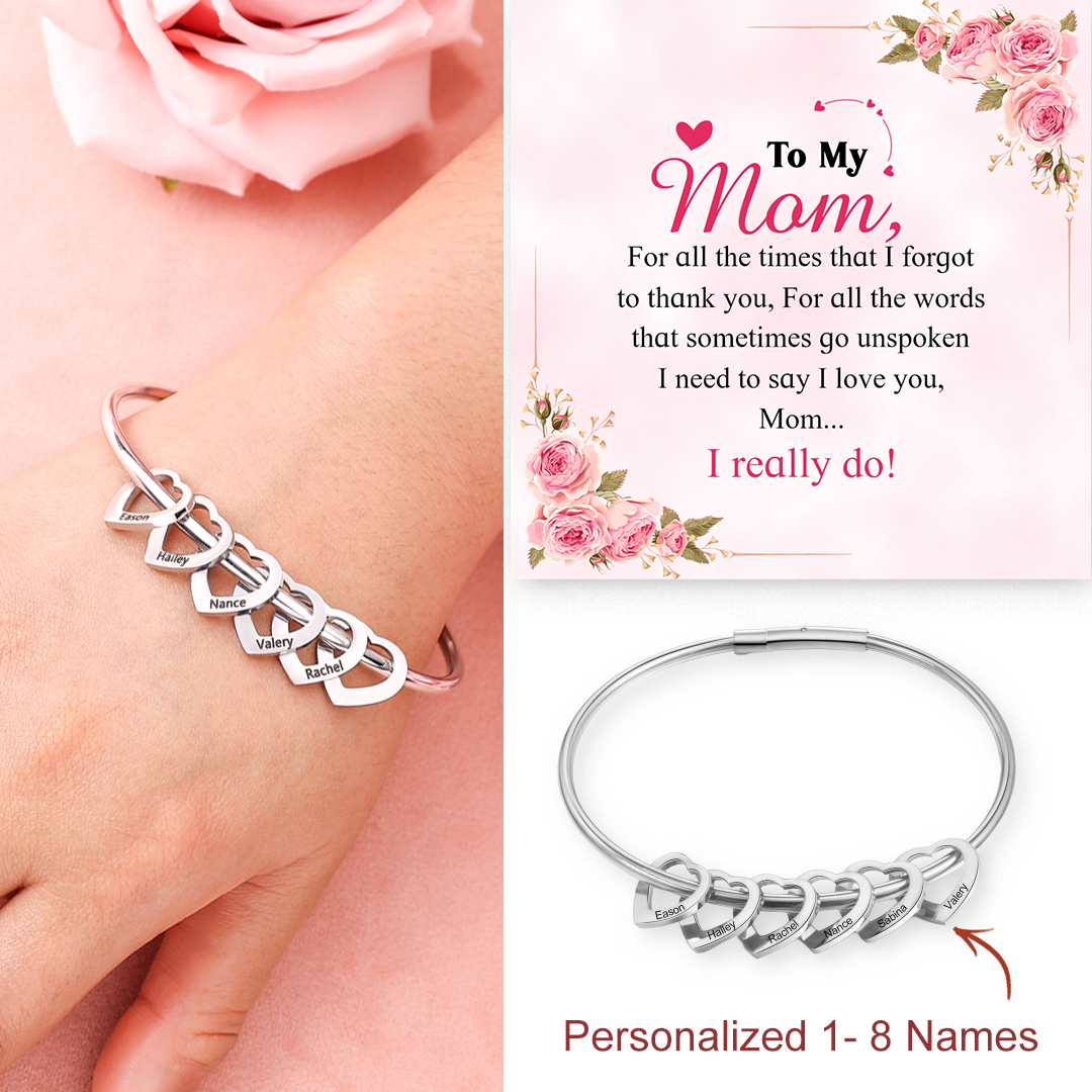 Bangle Bracelet | Personalized Heart Shape Bracelet | Engraved 6 Names