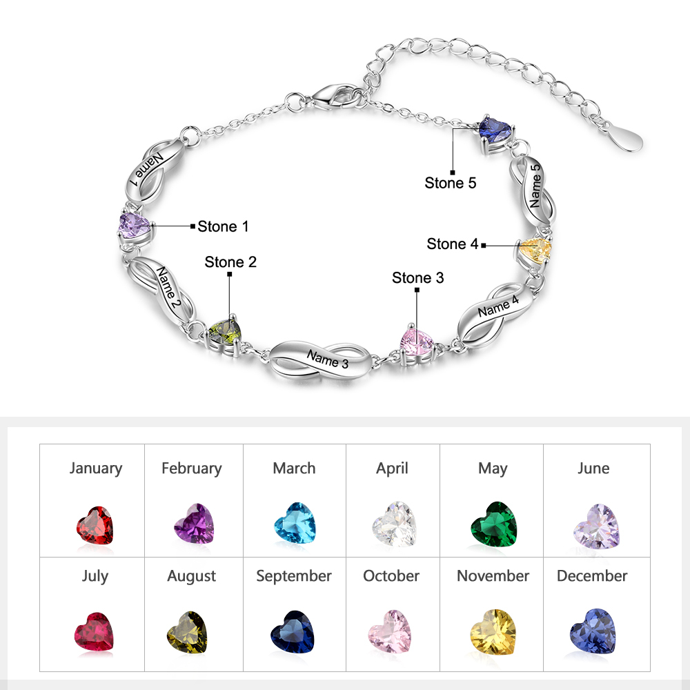 Infinity Bracelet with 5 Heart Shape Birthstones Family Bracelet for Mom