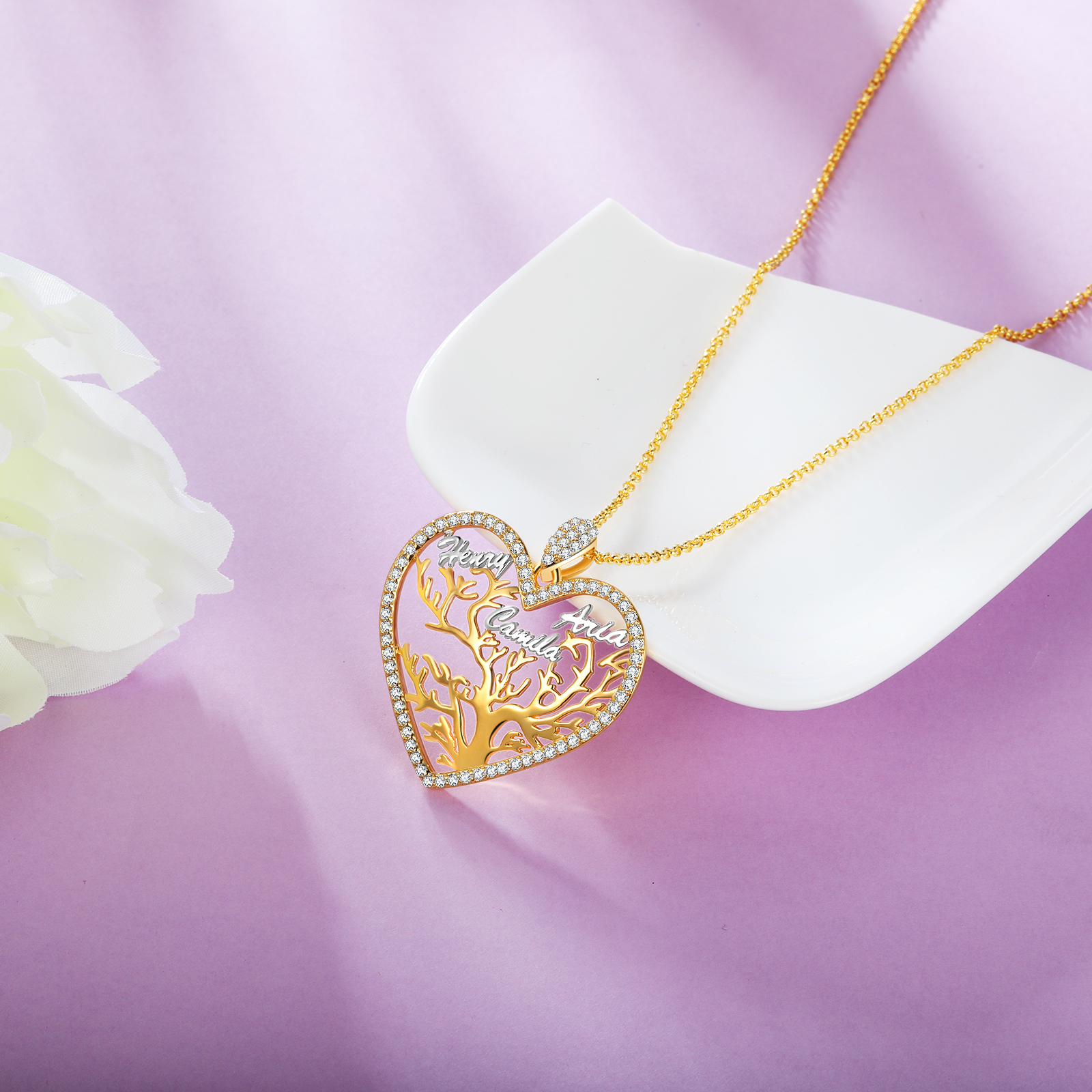 Personalized Family Tree Necklace, Custom 3 Names Heart Necklace Woman Gift