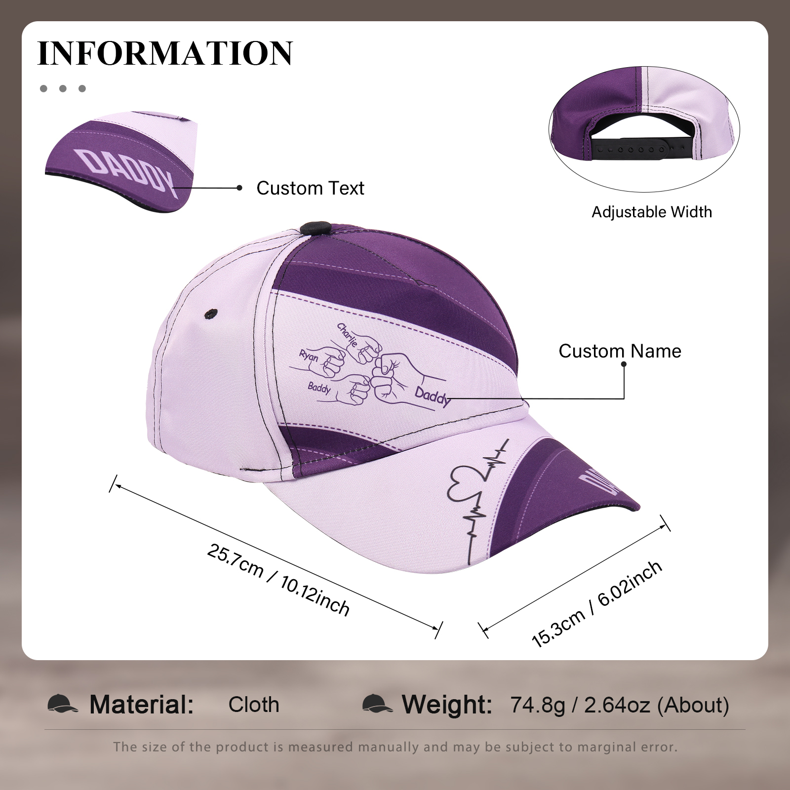 Personalized Fist Bump Classical Baseball Cap Custom 4 Names & 1 Text Snapback Adjustable Gift for Dad/Grandpa/Husband