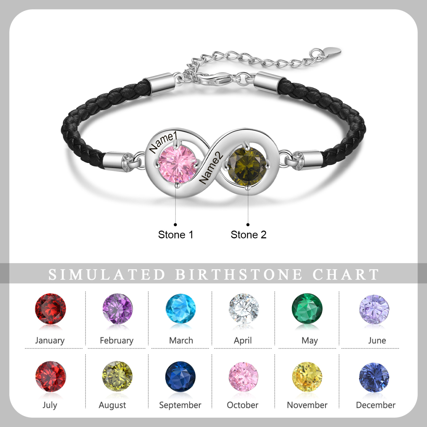 Personalized Infinity Bracelets Custom 2 Birthstones & 2 Names Adjustable Bracelet Gift for Her