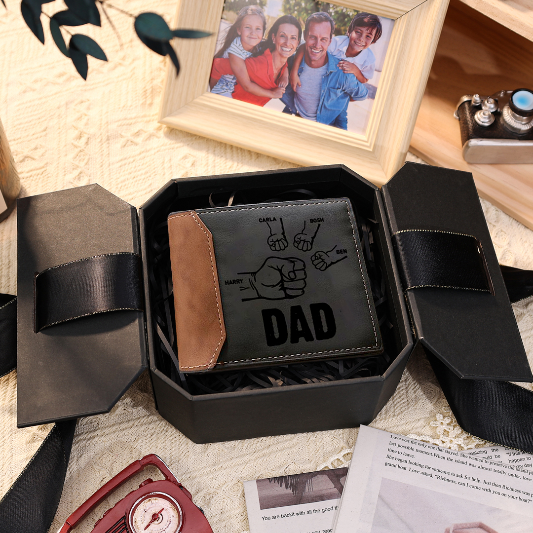 4 Names & 1 Photo Custom Men Leather Wallet Handcrafted in the USA-Personalized Fist Bump Folding Wallet Father's Day Gifts for Dad