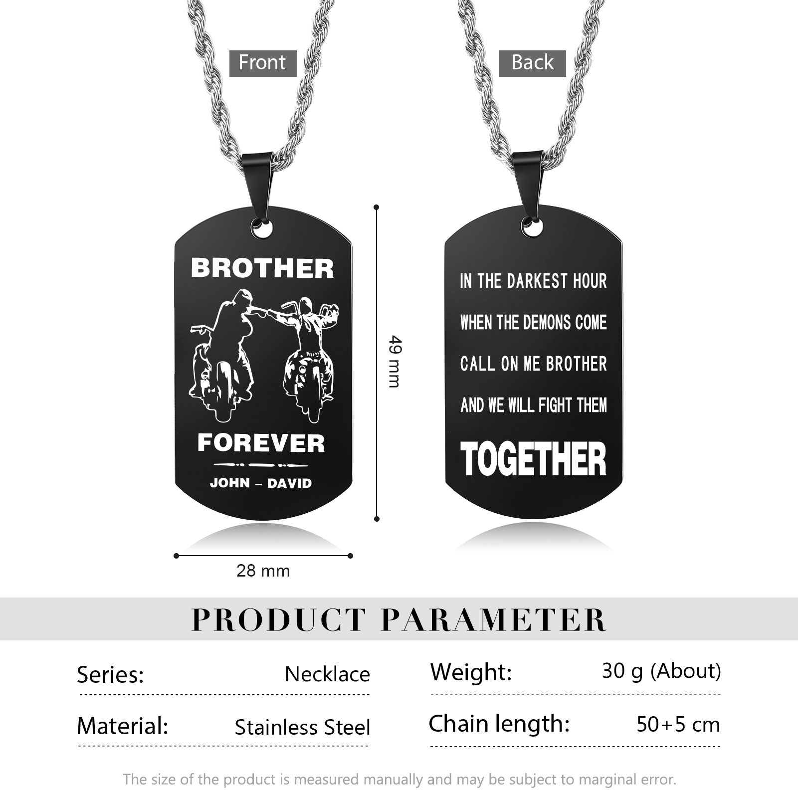 Brother Forever Dog Tag Necklace Personalized Black Double-sided Necklace Customized 2 Names Biker Necklace Gift to Brother