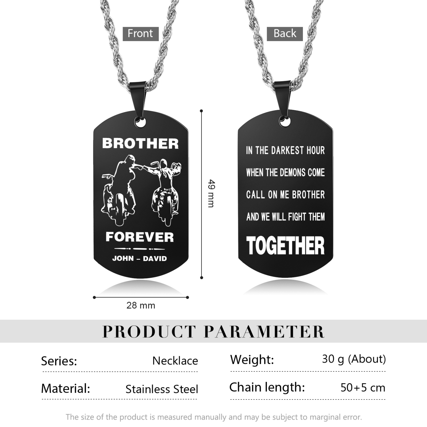 Brother Forever Dog Tag Necklace Personalized Black Double-sided Necklace Customized 2 Names Biker Necklace Gift to Brother