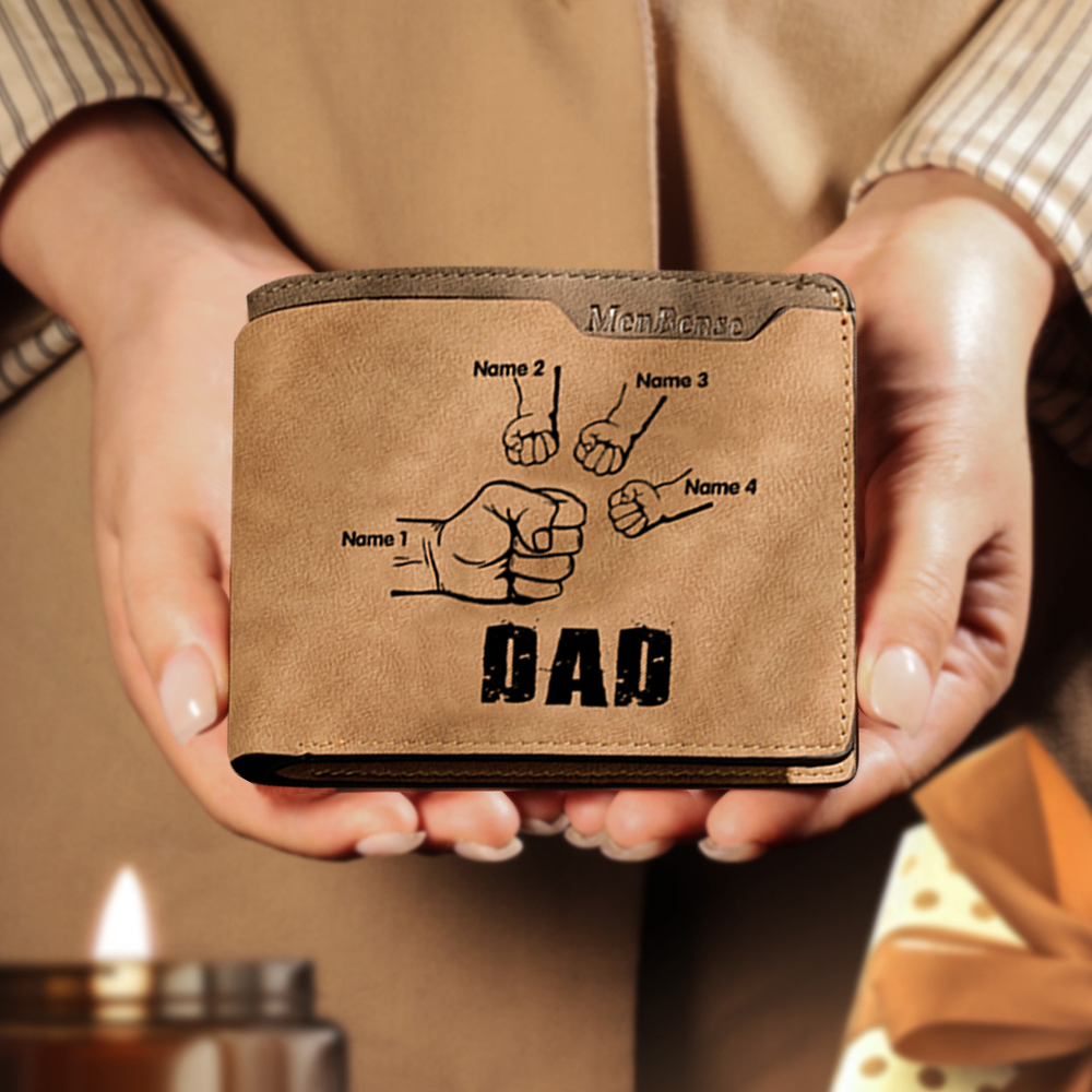 4 Names - Personalized Men Leather Wallet Custom Photo & Text & Name Folding Wallet Fist Bump Wallet Gift for Dad