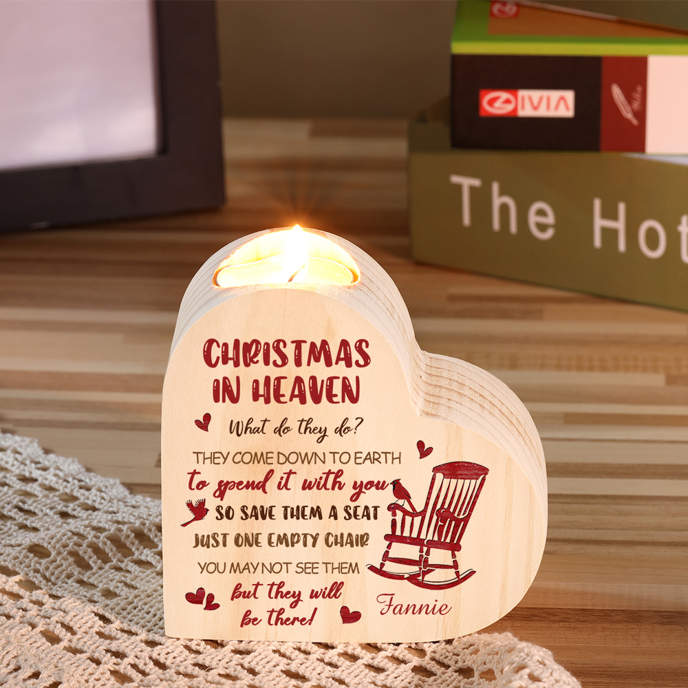 Personalized Wooden Candle Holder Heart-shaped Memorial Candlesticks Customized Name Chair Candle Holder - Christmas In Heaven