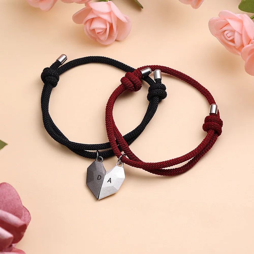 Personalized Two Souls One Heart Bracelet Custom 2 Letters Magnetic Bracelet Set for Couple