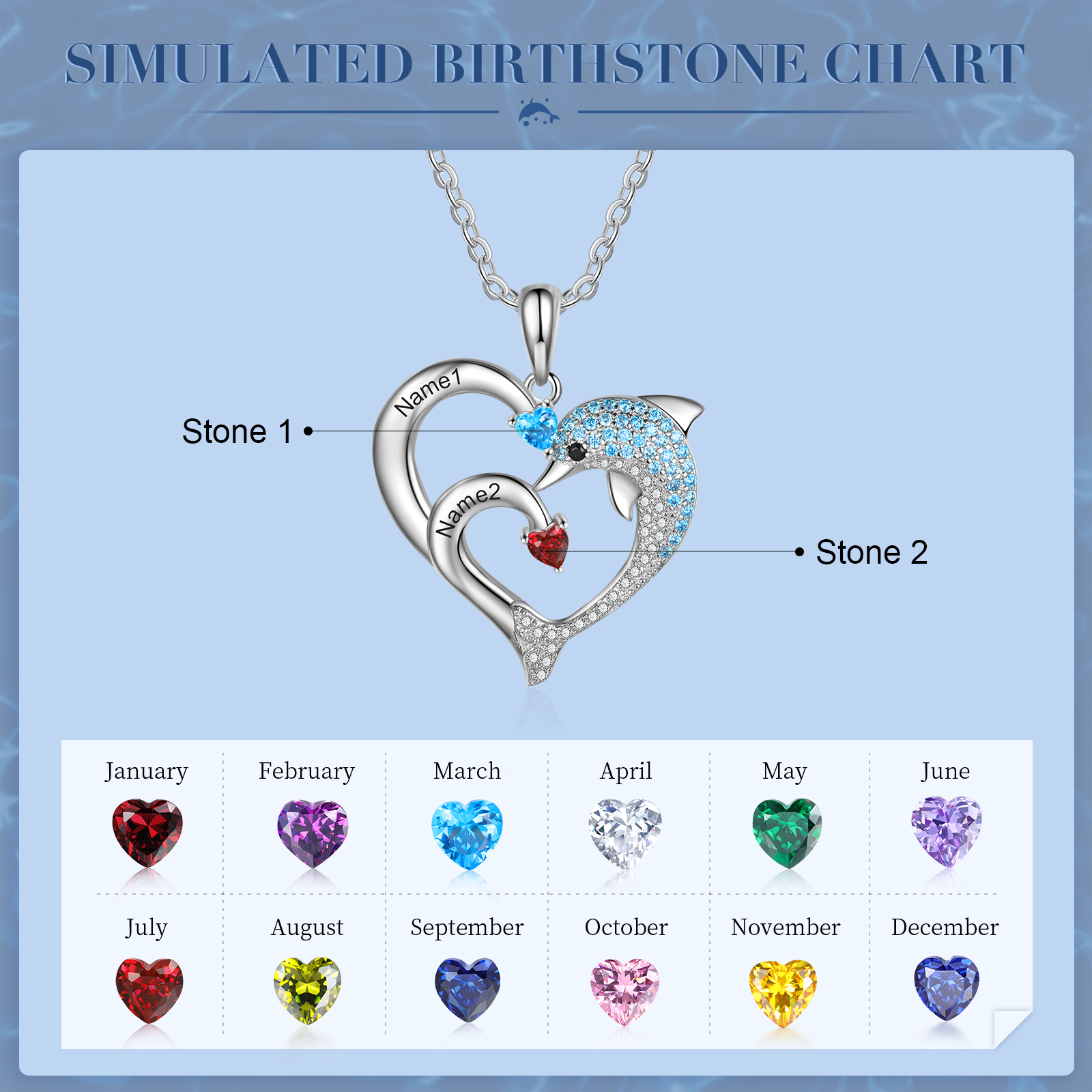 Personalized Heart Dolphin Necklace Custom 2 Birthstones Necklace for Her