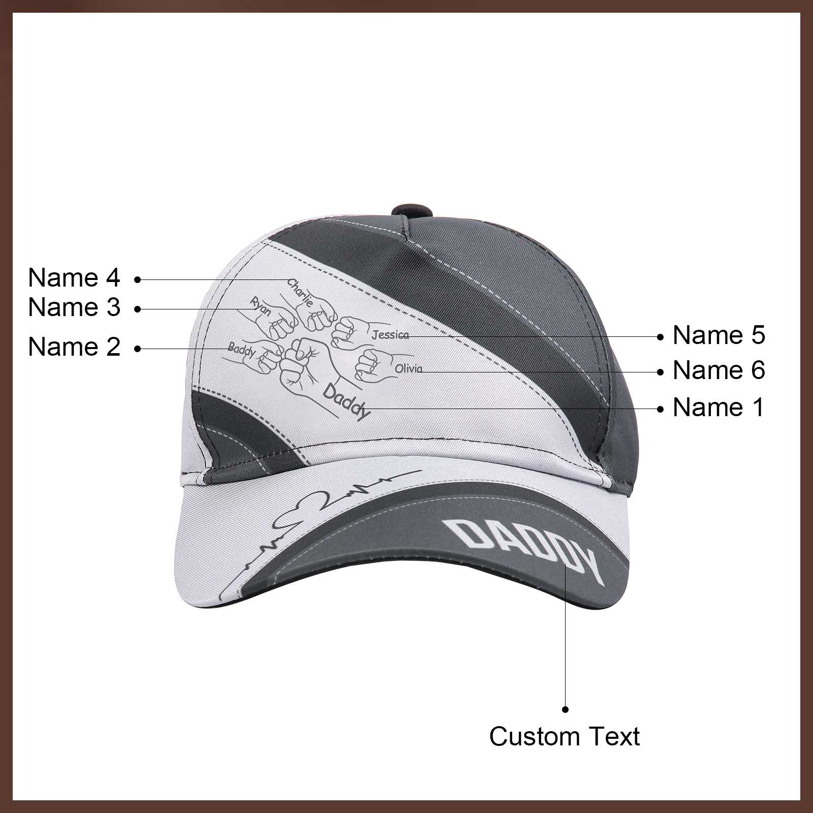 Personalized Fist Bump Classical Baseball Cap Custom 6 Names & 1 Text Snapback Adjustable Gift for Dad/Grandpa/Husband