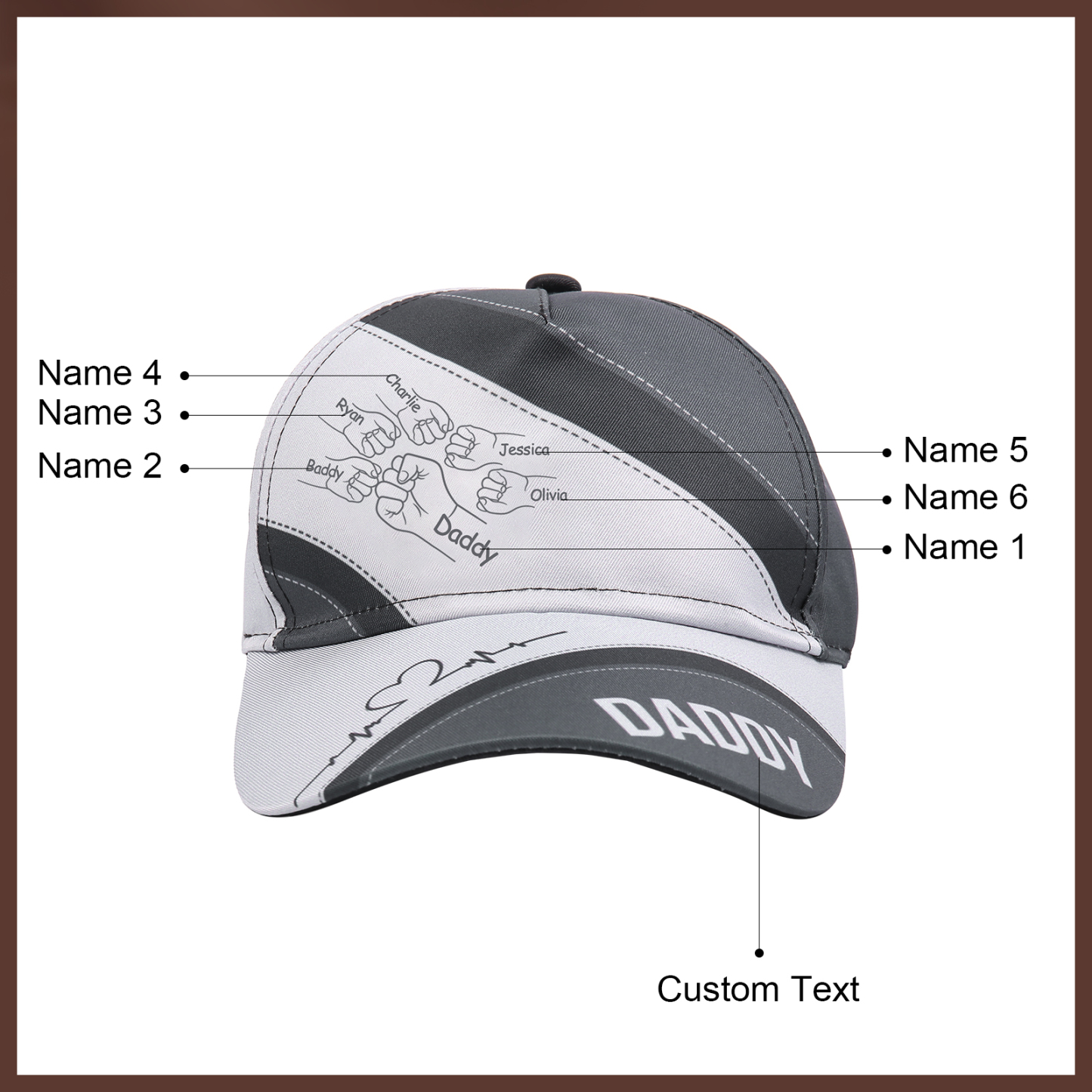 Personalized Fist Bump Classical Baseball Cap Custom 6 Names & 1 Text Snapback Adjustable Gift for Dad/Grandpa/Husband