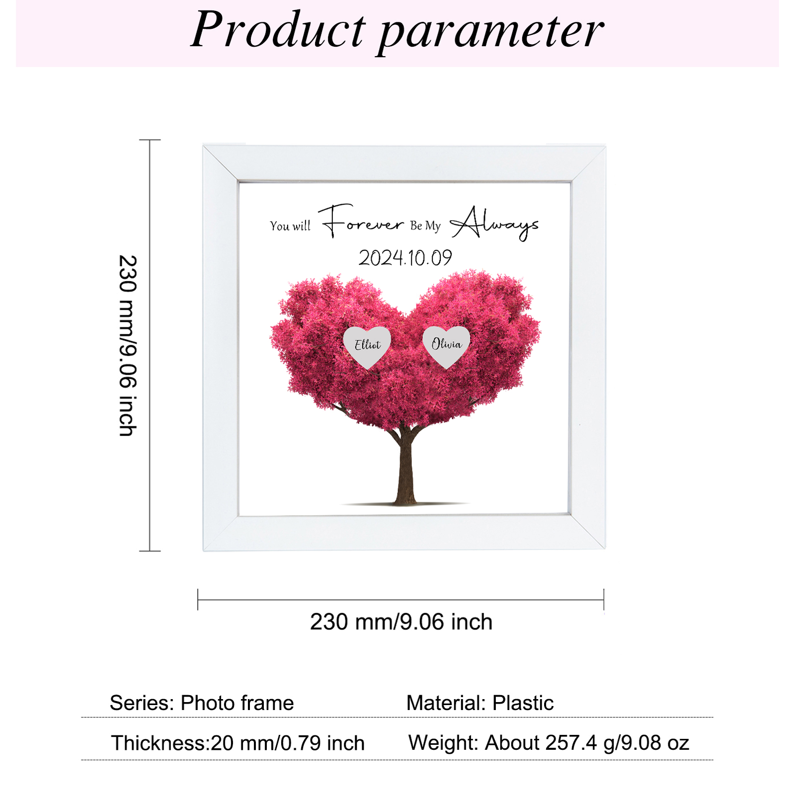Personalized Pink Heart Tree Frame with Names & Date Forever Love Gift for Couples