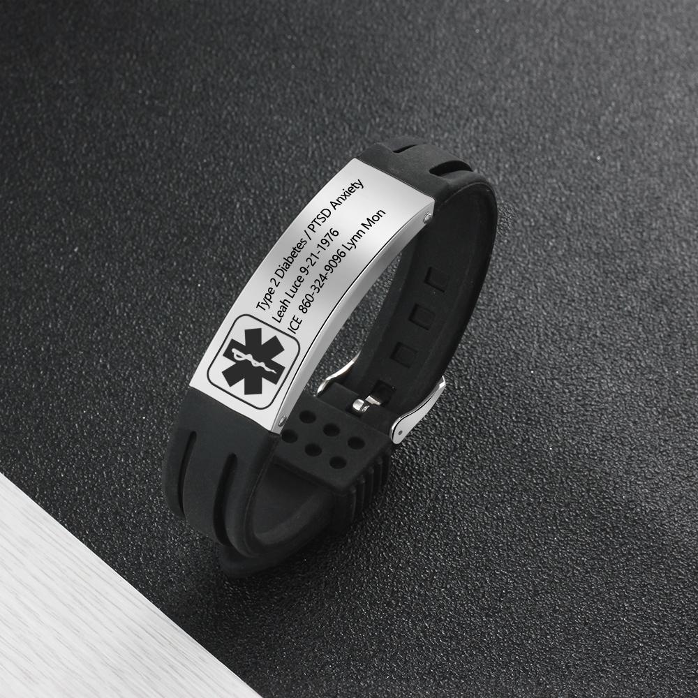 Engraved Medical Alert Bracelet Adjustable Silicone Waterproof Bracelet Women Men Personalized Emergency ID Wristband Multii Color