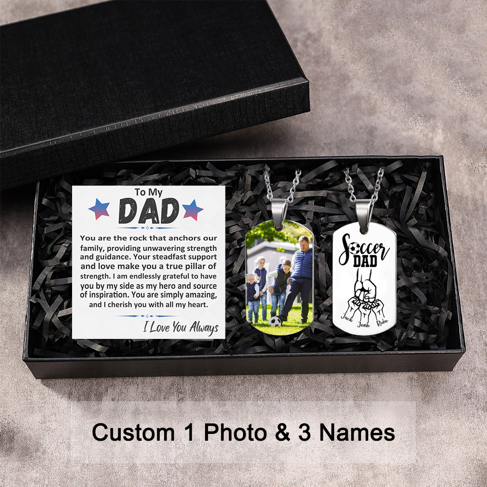 Engraved ‘Soccer Dad’ Necklace – Custom Dog Tag with 1 Photo & 3 Names
