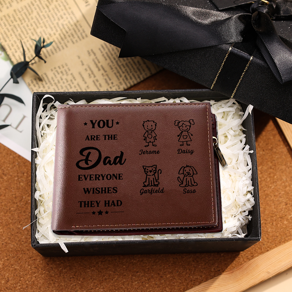 4 Names Personalized Photo Wallet Handcrafted in the USA for Men – Custom Father’s Day Gift with Kids’ Name and Photo | Lorajewel