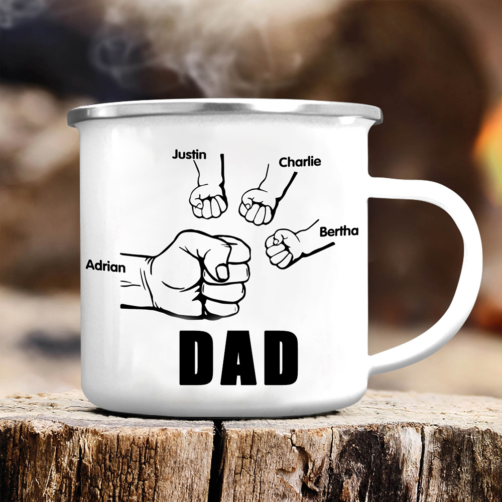 4 Names-Personalized Enamel Mug for Dad – Custom Names Fist Bump Design | Lorajewel