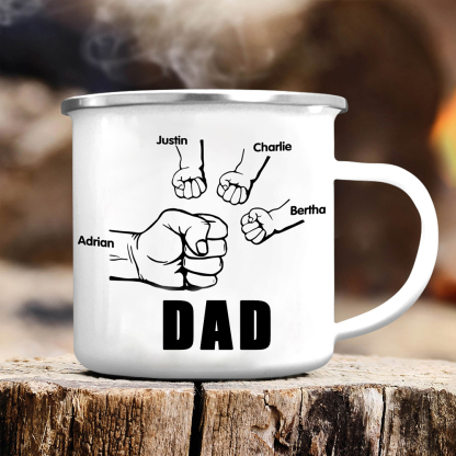 4 Names-Personalized Enamel Mug for Dad – Custom Names Fist Bump Design | Lorajewel