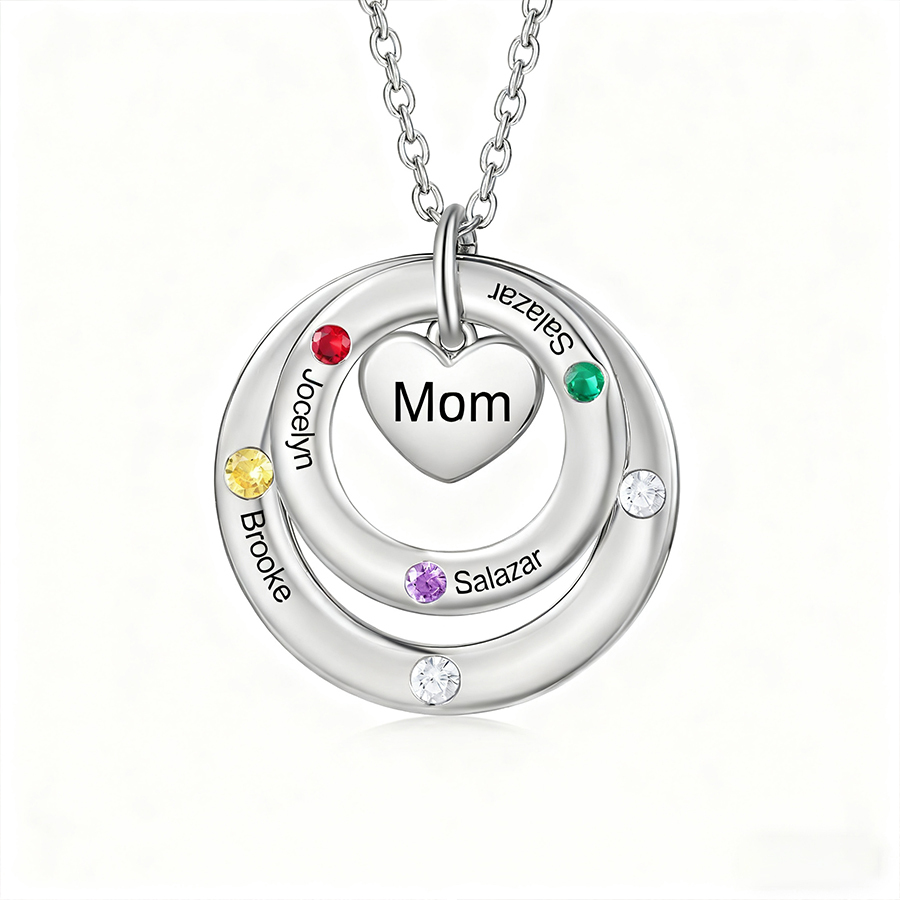 Personalized Women's Birthstone Necklace with 4 Names & 4 Birthstones & 1 Text Design Gift for Her | Lorajewel