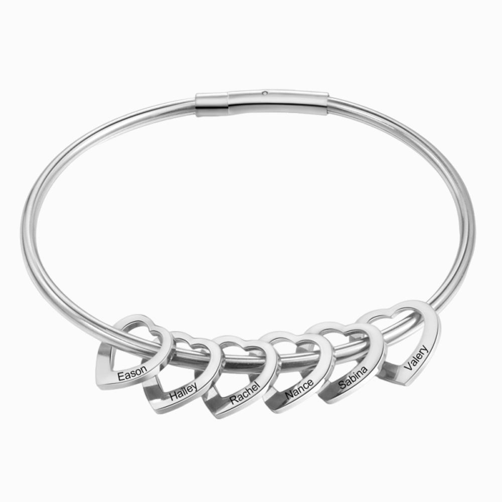 Bangle Bracelet Personalized with 6 Heart Shape Pendant Engraved 6 Names