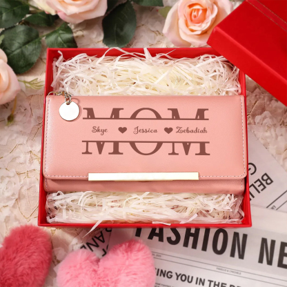 Personalized Pink Leather MOM Clutch Wallet