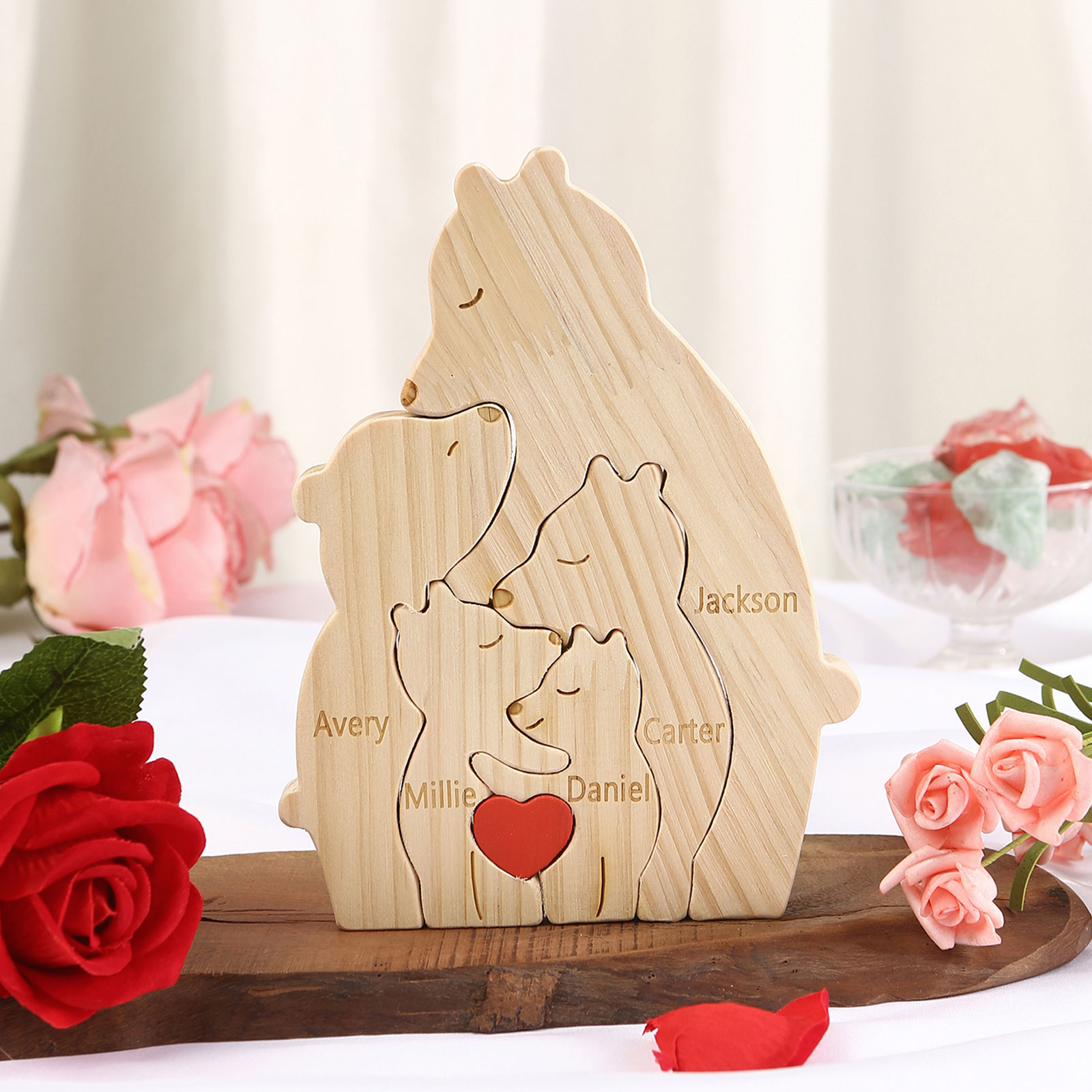 Personalized Name Wooden Bear Family Puzzles Ornament with Heart Custom 5 Names Home Decor Gifts