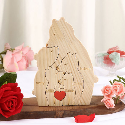 Personalized Name Wooden Bear Family Puzzles Ornament with Heart Custom 5 Names Home Decor Gifts