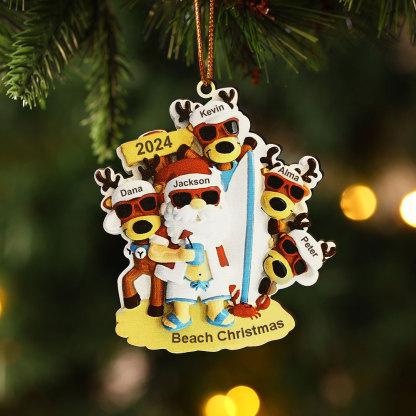 Custom Beach Christmas Ornament with Santa & 4 Reindeer – Personalized 5 Names Year & Text for Family Gifts
