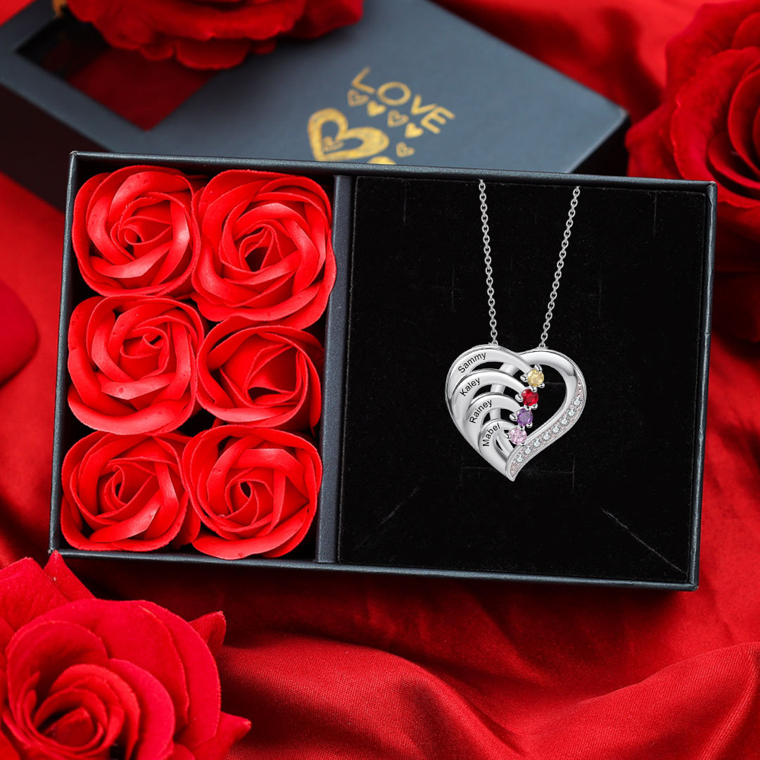 Personalized Heart 2-5 Birthstones & Names Necklace A Thoughtful Gift for Valentine