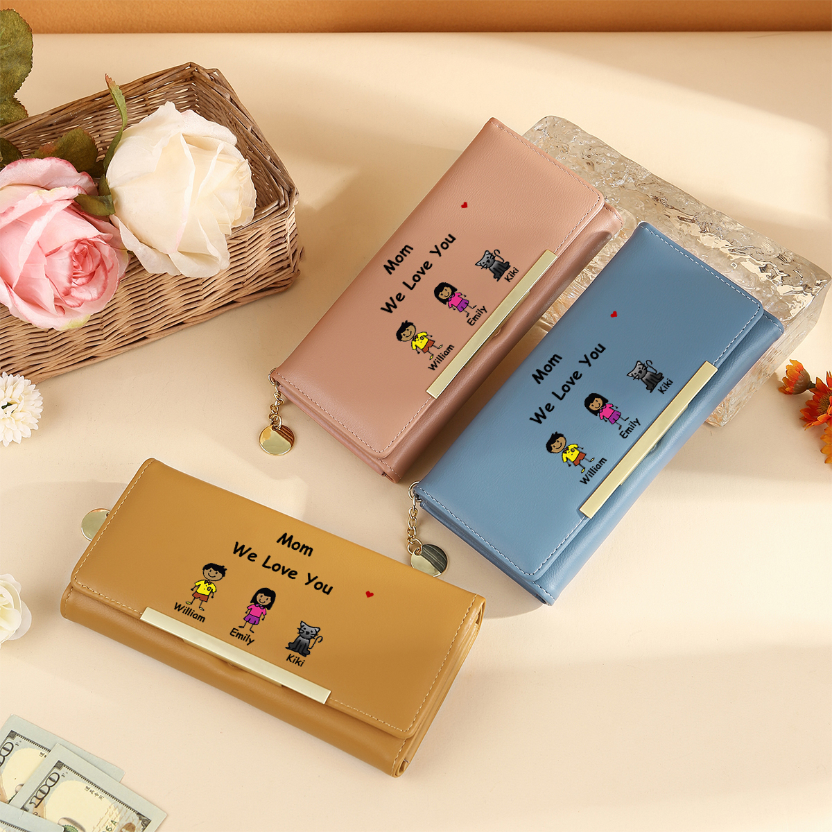 Personalized Women Leather Wallet Purse With Custom 1-6 Kids And Pets Names "Mom We Love You" - Mother's Day Gift Ideas For Mom | Jessemade